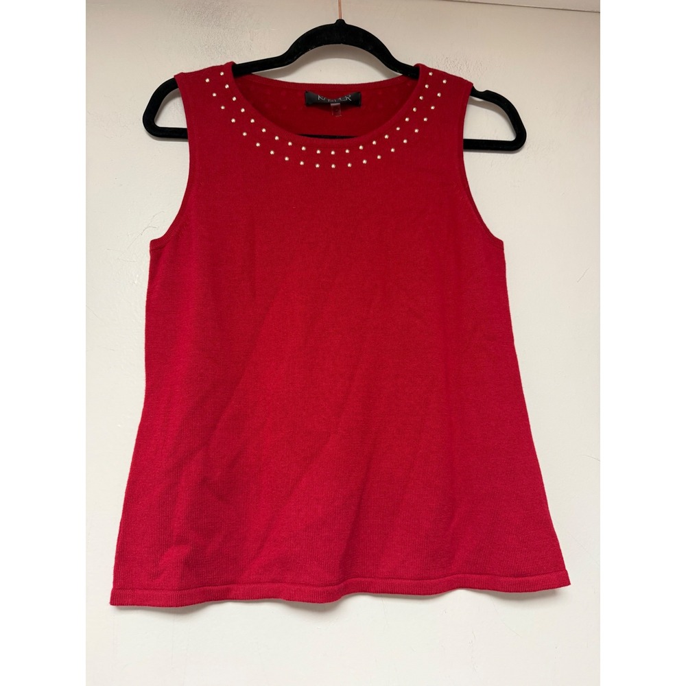 Kasper Red Sleeveless Studded Neckline Sweater‎ Top Petite Medium